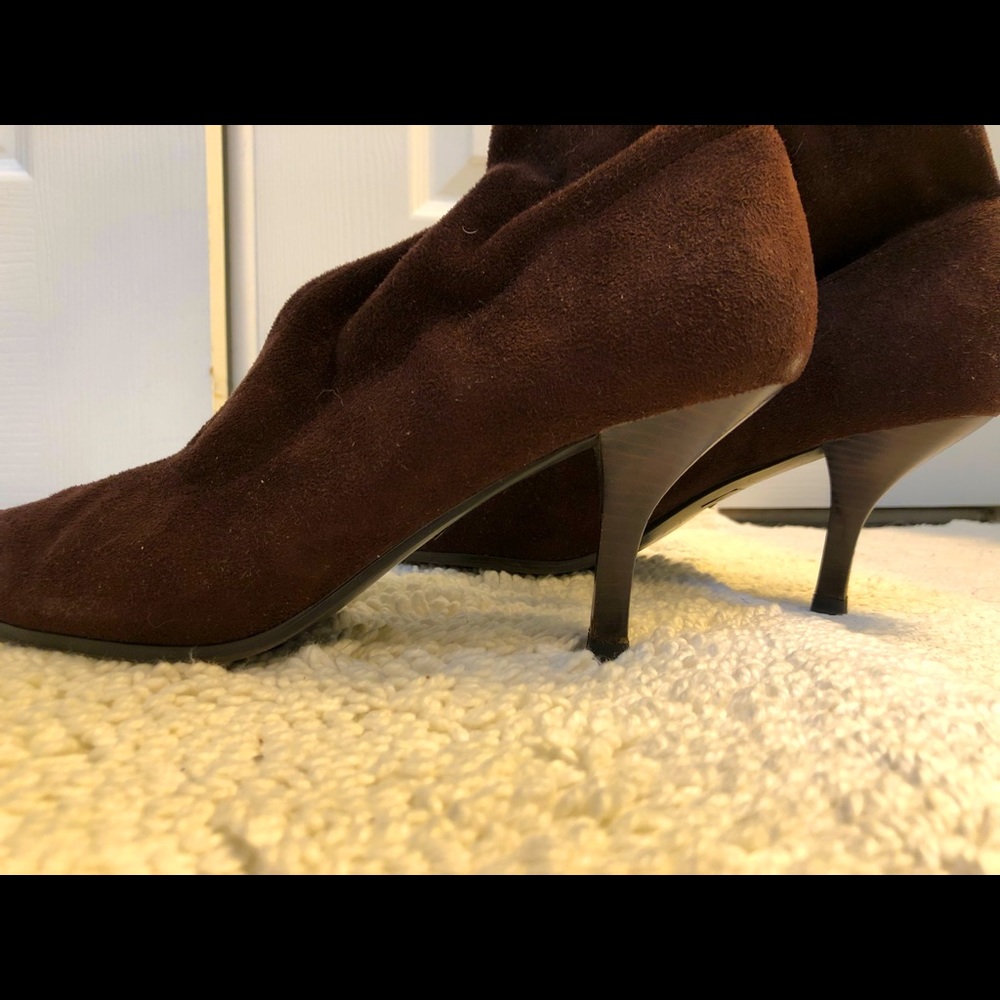 Healed boots, cloth upper. Pointed toes. New soles. 9m. Madison Studio